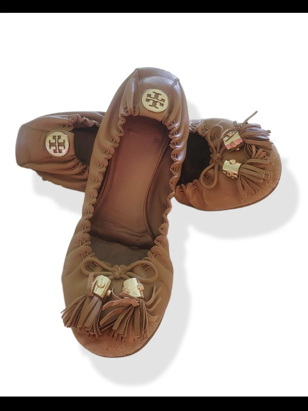 🌿Tory Burch Reese Mestico Royal Tan Leather Tassel Ballet Flats Sz 7